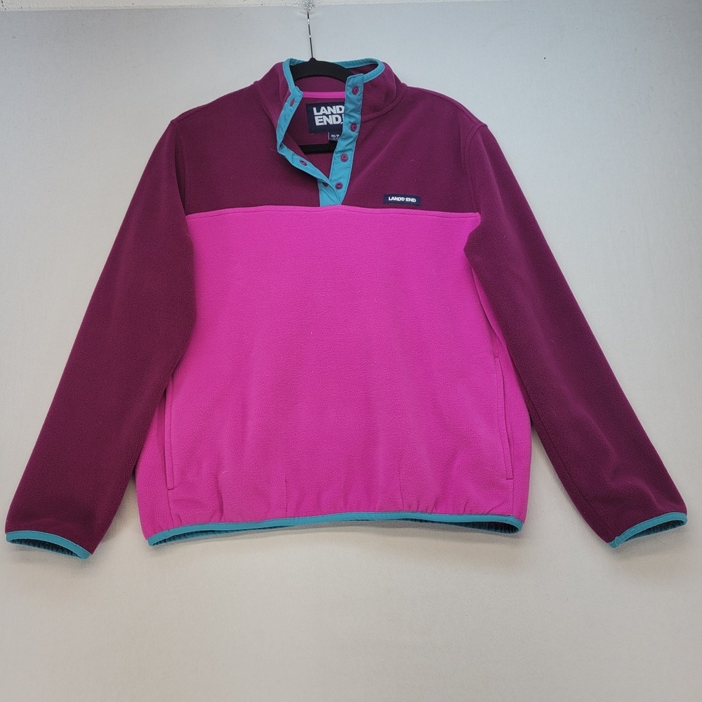 Lands' End Fleece Pullover Women Med Petite Pink Colorblock Snap Neck